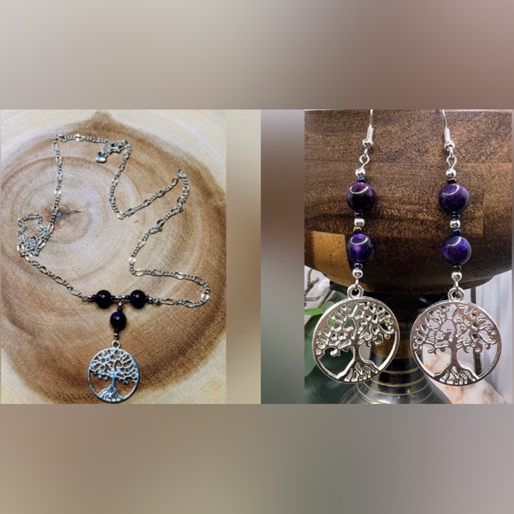 Set: Silver tree of life charm necklace/earrings /8mm purple Tiger eye gem beads